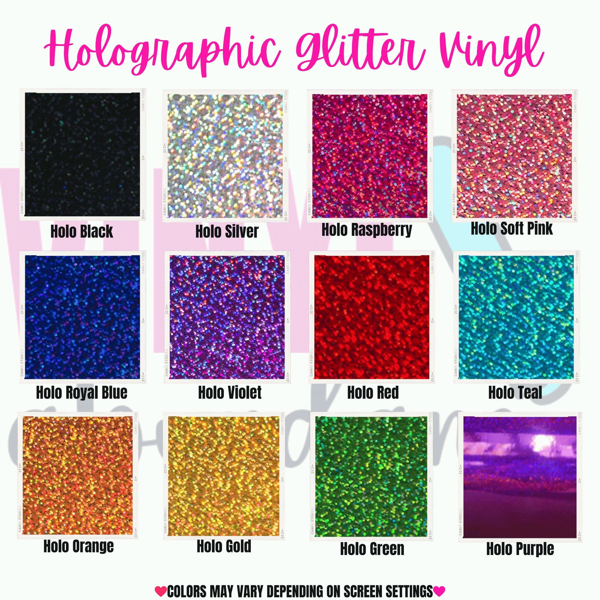 "Interactive holographic vinyl color chart displaying a vibrant spectrum of colors, perfect for selecting hues for various applications. Each color swatch glimmers and shifts with holographic effects, providing a visually stunning experience. Users can easily navigate through the chart to explore different shades and finishes."