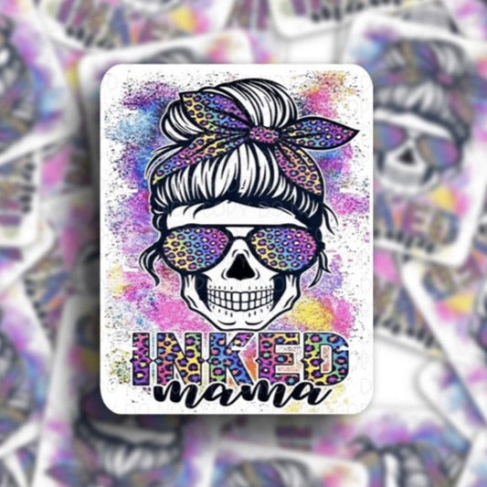 Skeleton with a messy bun and leopard print bandana with neon colors and the phrase inked mama