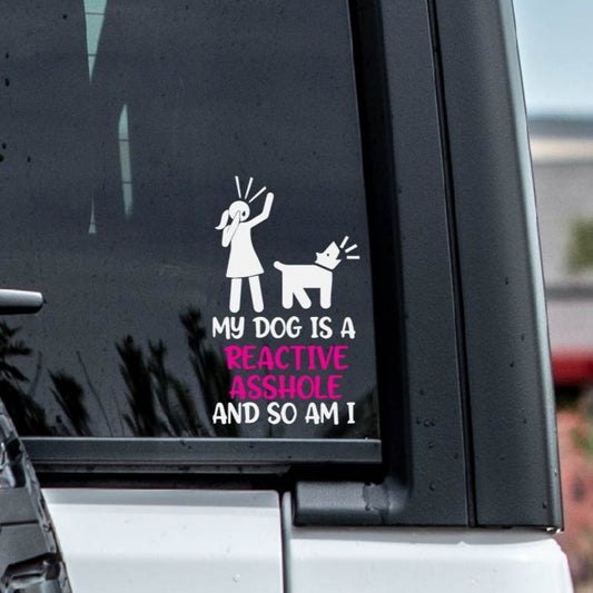 vinyl window decal for reactive dogs in pink and white color. 