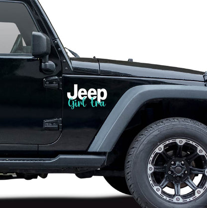 "Vinyl decal featuring the text 'In My Jeep Girl Era', designed for car enthusiasts and Jeep lovers. The bold lettering stands out against any surface, expressing a sense of pride and identity within the Jeep community."