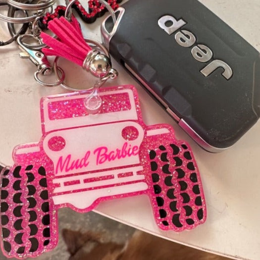 Pink Barbie Jeep Wrangler Glitter Keychain