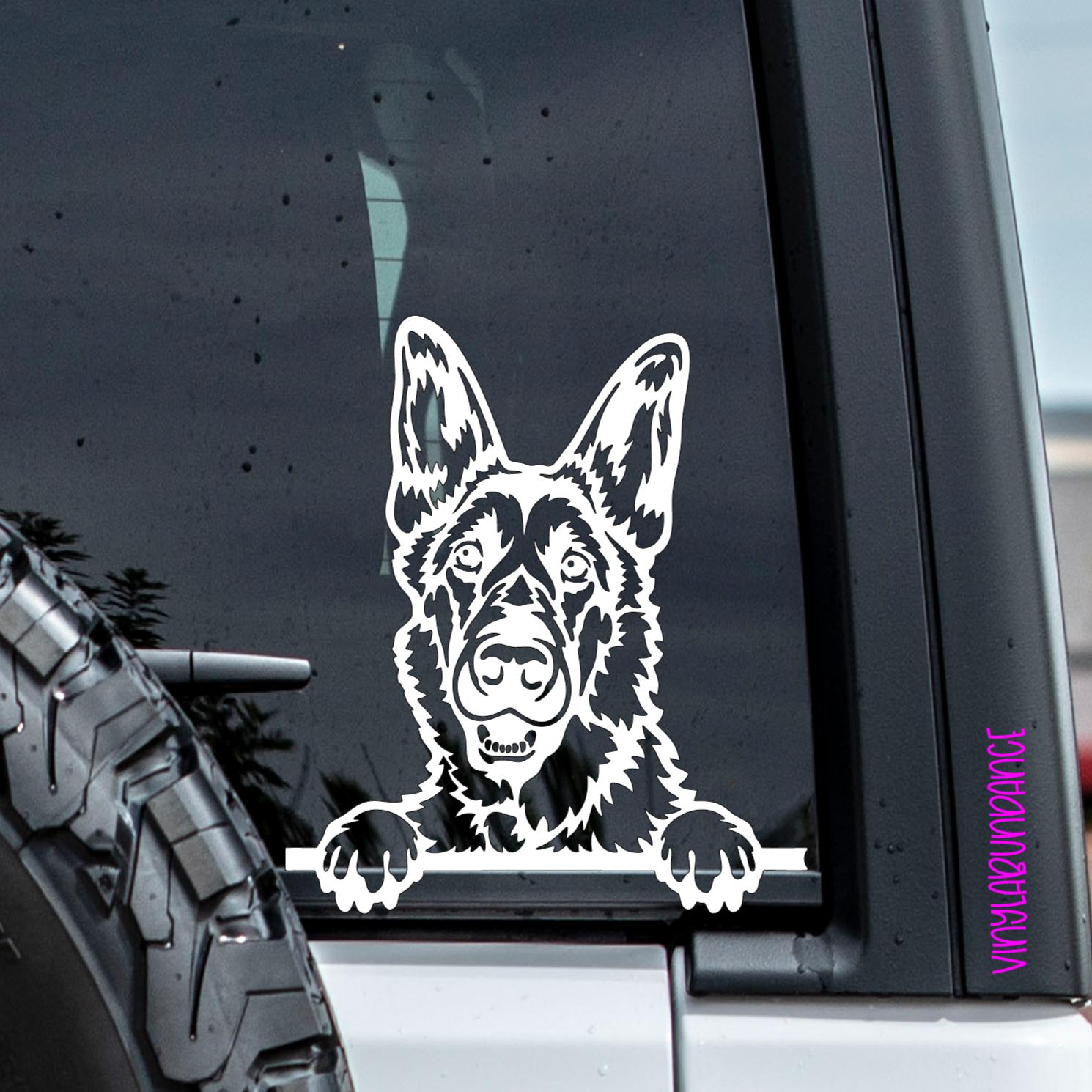 Realistic Peeking German Shepherd Vinyl Window Decal Sticker.