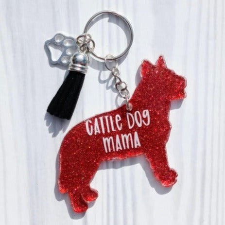 Custom Cattle Dog Mom Glitter Keychain.