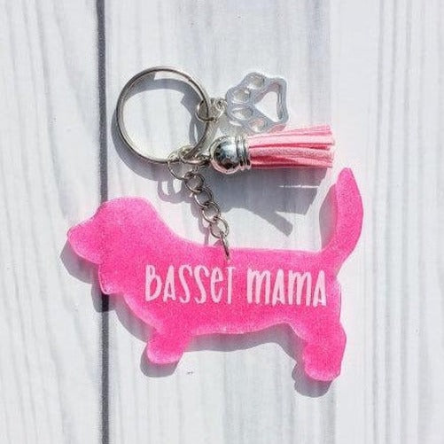 Basset Hound Dog Mama Glitter Keychain.