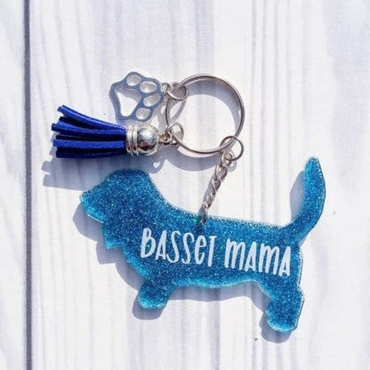 Basset Hound Dog Mama Glitter Keychain.