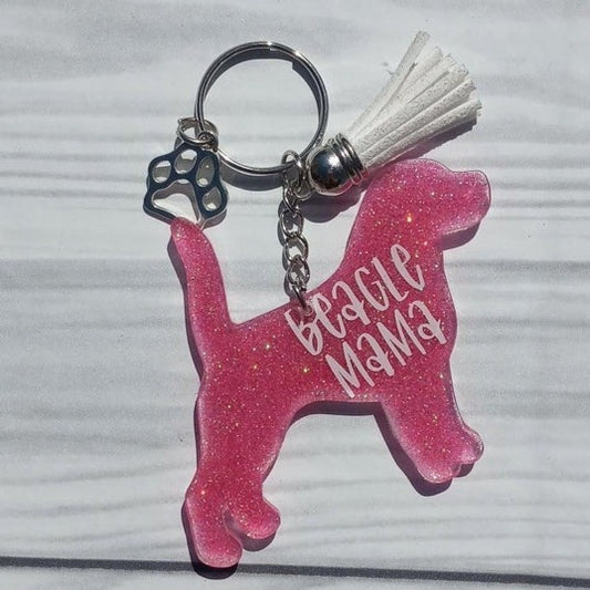 Custom Beagle Dog Mama Glitter Keychain.