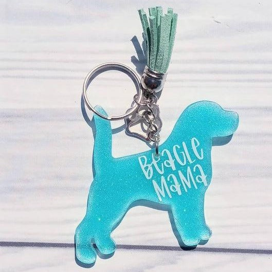 Custom Beagle Dog Mama Glitter Keychain.