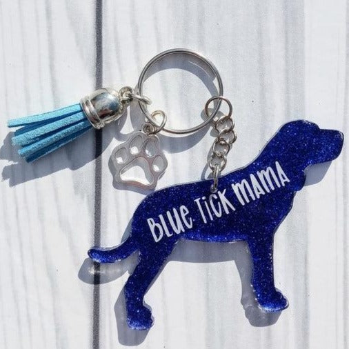 Custom Blue Tick Hound Dog Mama Glitter Keychain.