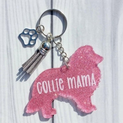 Custom Border Collie Dog Mama Glitter Keychain.