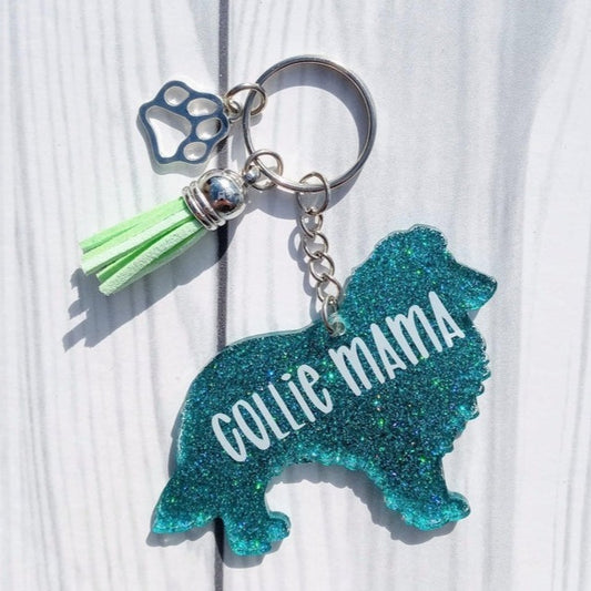 Custom Border Collie Dog Mama Glitter Keychain.