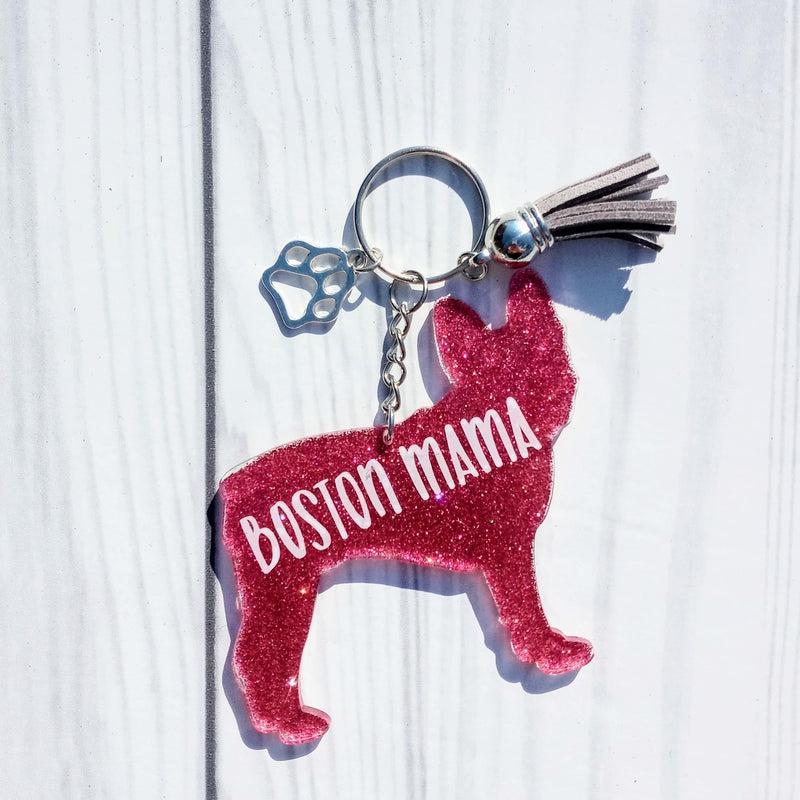 Custom Boston Terrier Dog Mom Glitter Keychain.