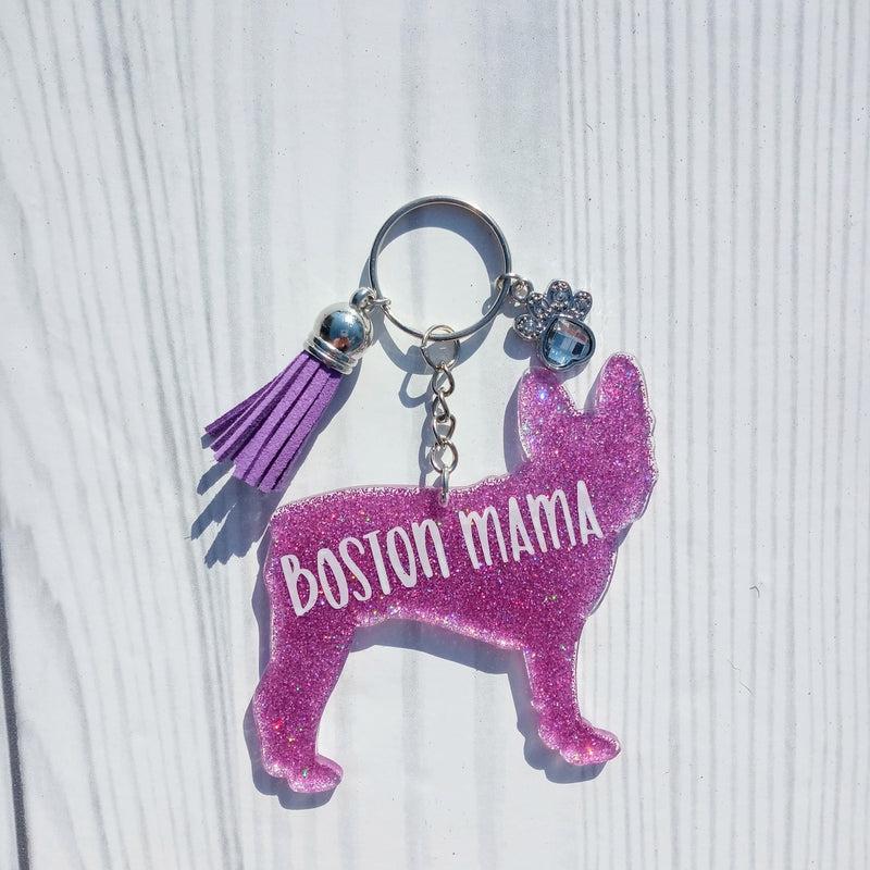 Custom Boston Terrier Dog Mom Glitter Keychain.