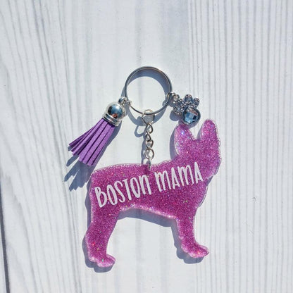 Custom Boston Terrier Dog Mom Glitter Keychain.