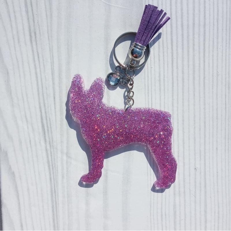 Custom Boston Terrier Dog Mom Glitter Keychain.