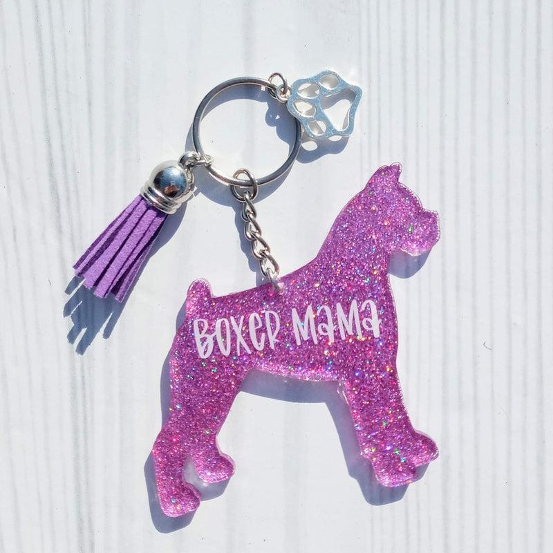 Custom Boxer Dog Mama Glitter Keychain.