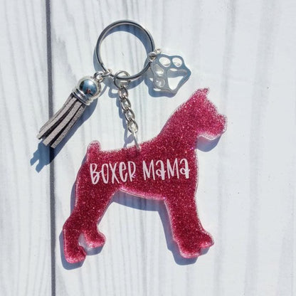 Custom Boxer Dog Mama Glitter Keychain.