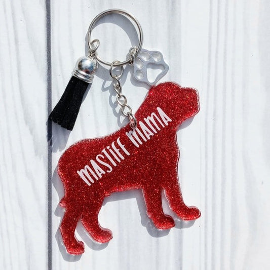 Custom Bullmastiff Dog Mama Glitter Keychain.