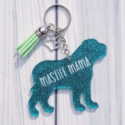 Custom Bullmastiff Dog Mama Glitter Keychain.