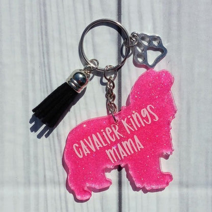 Custom Cavalier King Charles Dog Mama Glitter Keychain.