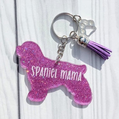 Custom Cocker Spaniel Dog Mama Glitter Keychain.