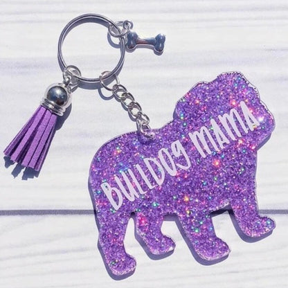 Custom English Bulldog Mama Glitter Keychain.