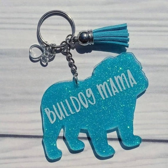 Custom English Bulldog Mama Glitter Keychain.