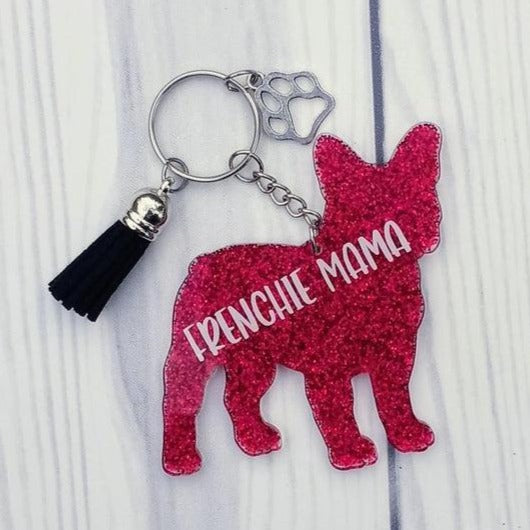 Custom French Bulldog Dog Mom Glitter Keychain.