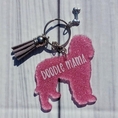 Custom Doodle Dog Mama Glitter Keychain.