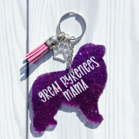 Custom Great Pyrenees Dog Mama Glitter Keychain.