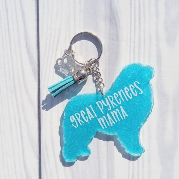 Custom Great Pyrenees Dog Mama Glitter Keychain.