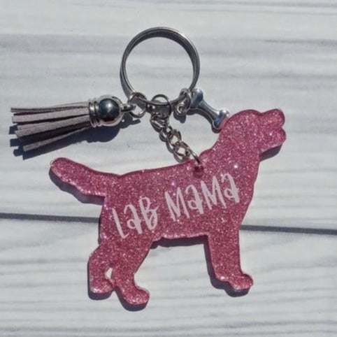 Custom Labrador Retriever Dog Mama Glitter Keychain.