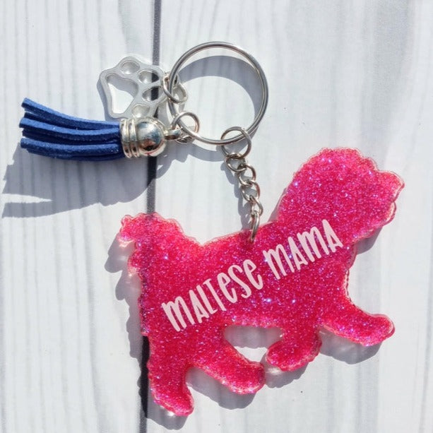 Custom Maltese Dog Mama Glitter Keychain.