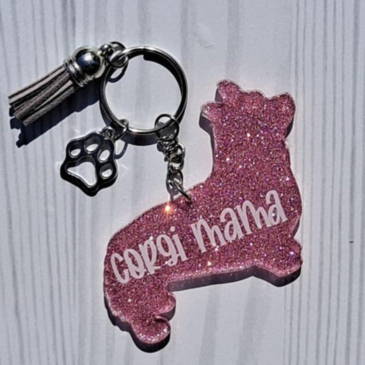 Custom Pembroke Welsh Corgi Dog Mama Glitter Keychain.