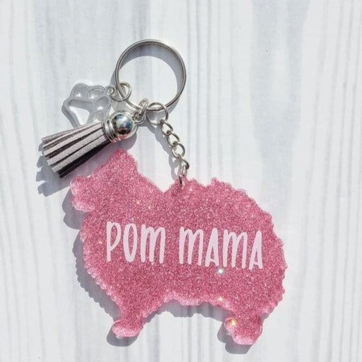 Custom Pomeranian Dog Mama Glitter Keychain.