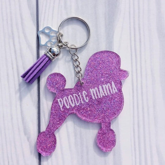Custom Poodle Dog Mama Glitter Keychain.