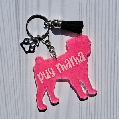 Custom Pug Dog Mama Glitter Keychain.