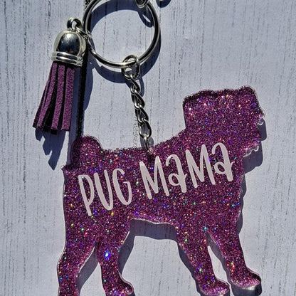 Custom Pug Dog Mama Glitter Keychain.