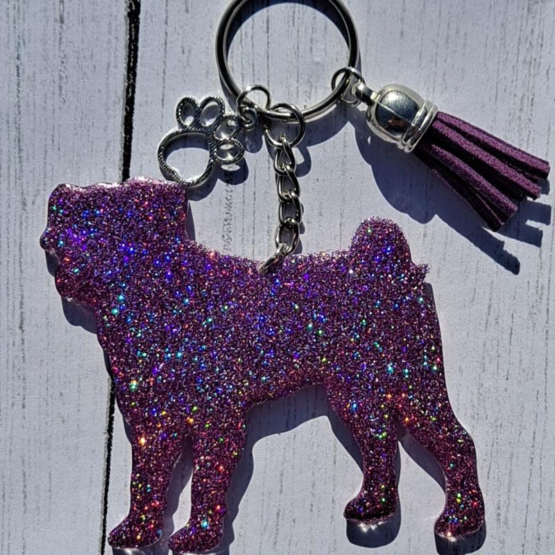 Custom Pug Dog Mama Glitter Keychain.