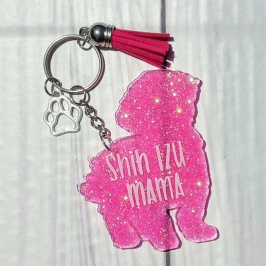 Custom Shih Tzu Dog Mama Glitter Keychain.