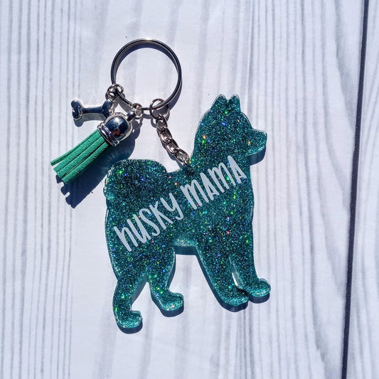 Custom Siberian Husky Dog Mama Glitter Keychain.