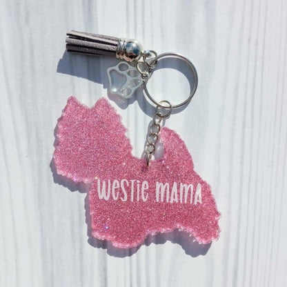 Custom West Highland Dog Mama Glitter Keychain.