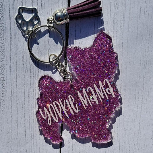 Custom Yorkshire Terrier Dog Mama Glitter Keychain.