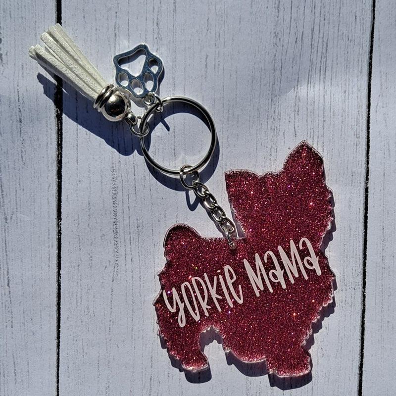 Custom Yorkshire Terrier Dog Mama Glitter Keychain.