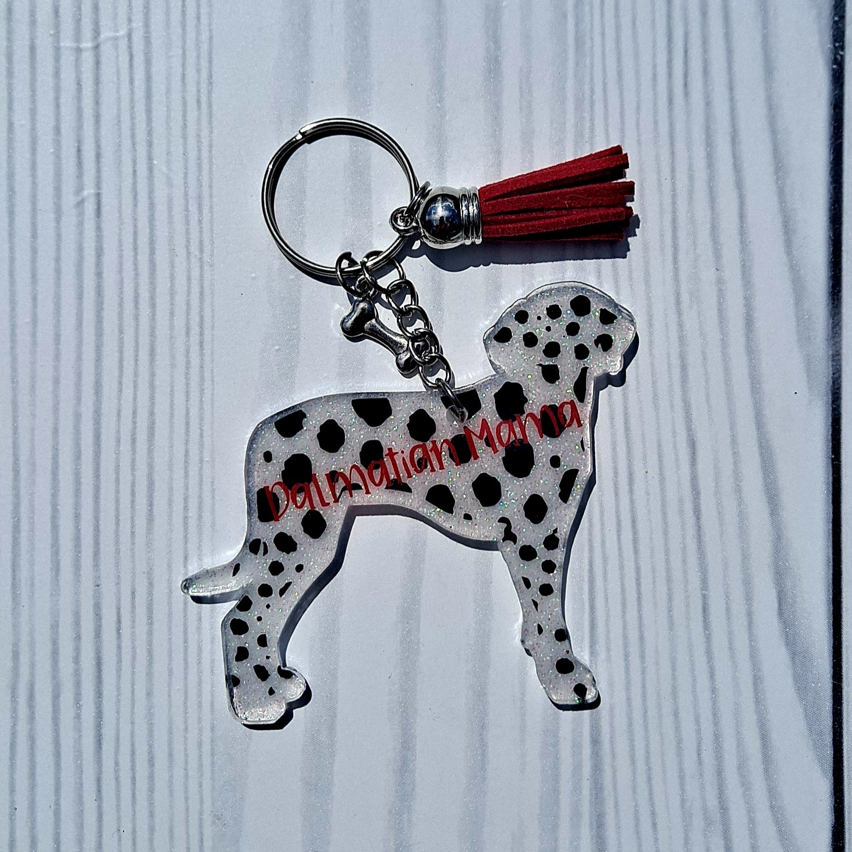 Custom Dalmatian Dog Mama Glitter Keychain.