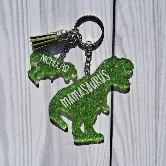 Custom Mamasaurus Rex Glitter Keychain with Mini Charms.