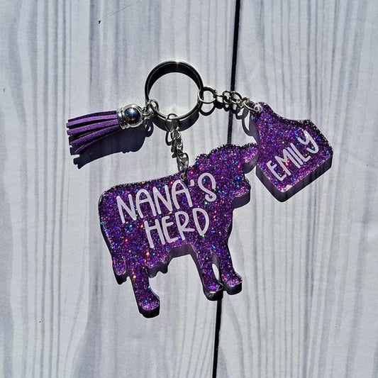 Custom Cow Herd Glitter Keychain with Mini Charms.