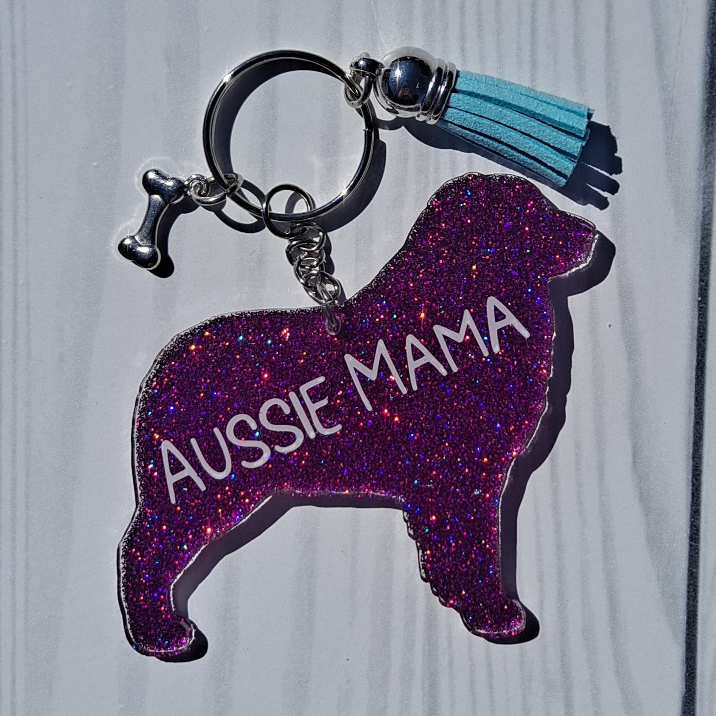 Custom Australian Shepherd Dog Mama Glitter Keychain.