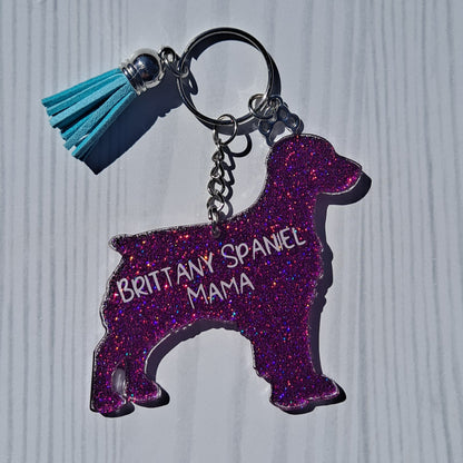 Custom Brittany Spaniel Dog Mama Glitter Keychain.