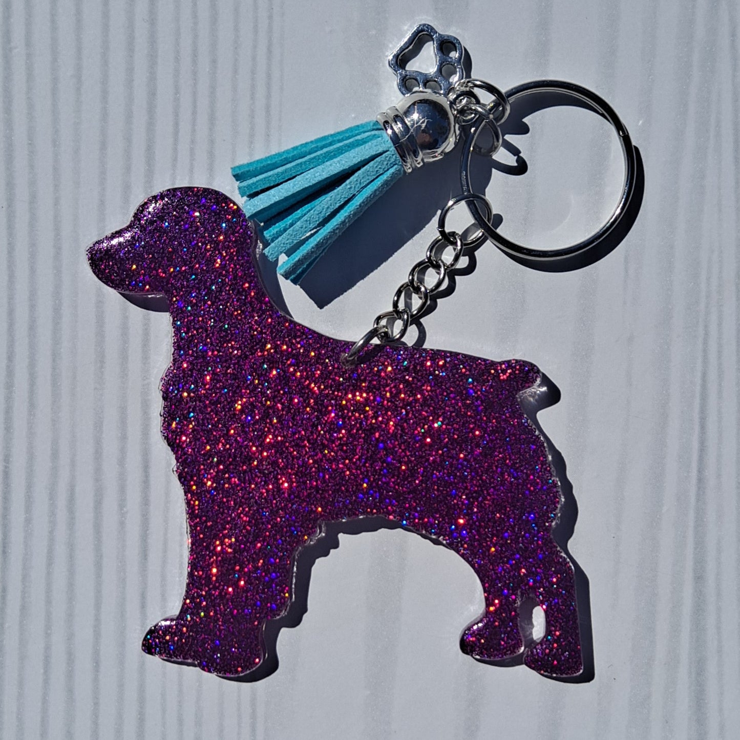 Custom Brittany Spaniel Dog Mama Glitter Keychain.