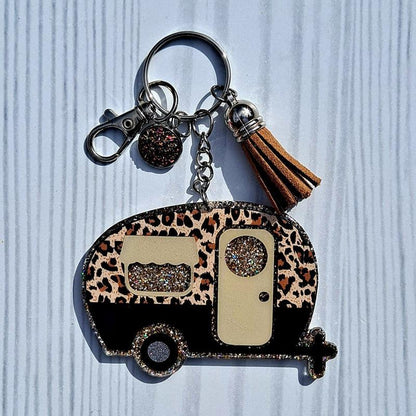 Custom Retro Vintage Glitter Camper Keychain.